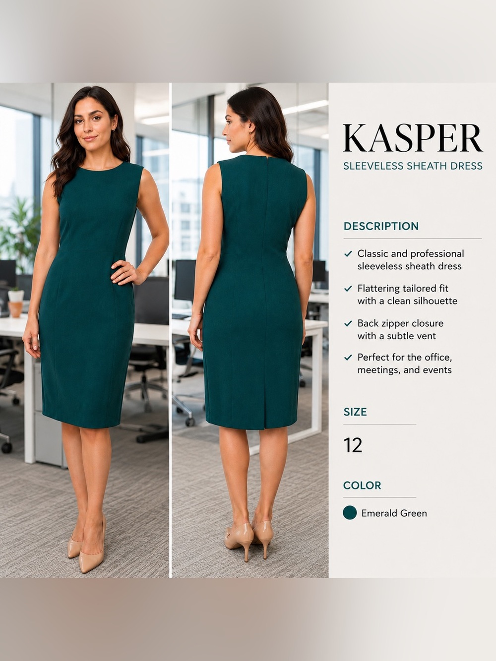 Kasper |Emerald Green |Sheath Dress |Size 12 |Career |Cocktail Chic